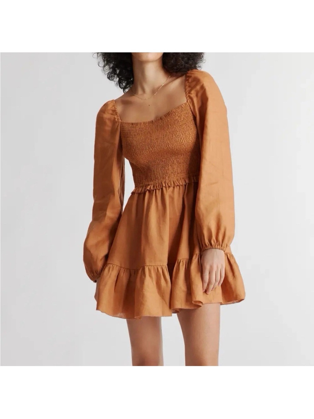 NWOT Quince European Linen Smocked Mini Long Sleeve Dress Terracotta Brown Small